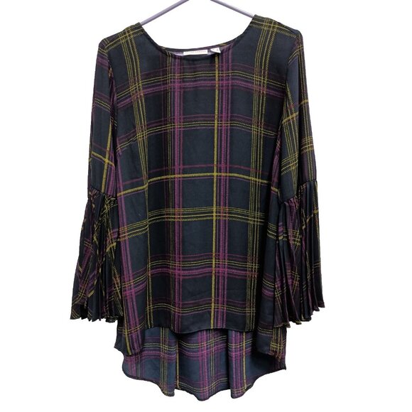 Susan Graver Tops - Susan Graver Womens Hi Low Blouse Top Small Navy Purple Plaid Flared Sleeve BOHO